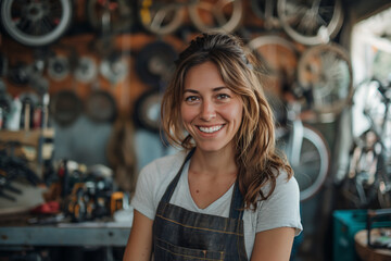 SMEs life , Happy start up , small business , a woman standing at the counter of bicycle repair shop genuine smiling towards camera