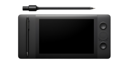 Black tablet with pen resting on top on transparent background