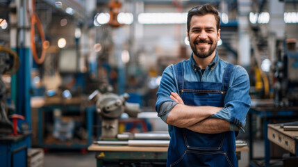 Young mechanic man in a blue overall stands in a workshop with his arms crossed. Handsome man works in an industrial workshop. Concept of industry, work.