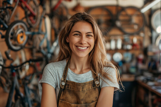 SMEs life , Happy start up , small business , a woman standing at the counter of bicycle repair shop genuine smiling towards camera