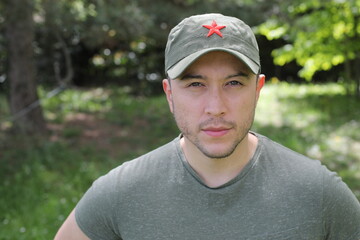 Man wearing historical rebellious clothing 