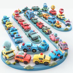 a cute and colorful image of a bunch of cartoon cars on a blue road