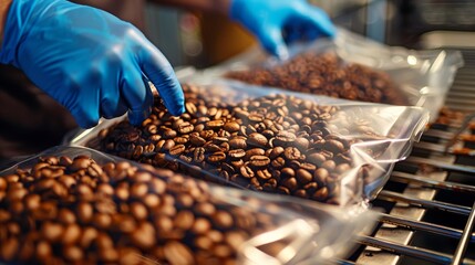 Packing fresh coffee beans in vacuum-sealed bags for international shipping.