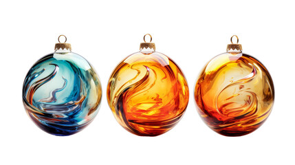 Three delicate blown glass ornaments shimmer in the light, arranged neatly side by side on transparent background