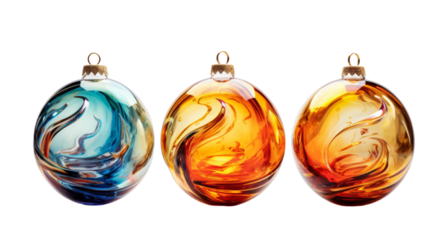 Three delicate blown glass ornaments shimmer in the light, arranged neatly side by side on transparent background