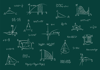 Chalk set of mathematical figures, functions, formula, calculation and equation. Hand drawn white chalked geometric triangle, square, cones and function graphs are drawn on green school chalkboard