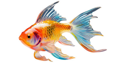 A single goldfish elegantly swims in a tranquil white space on transparent background