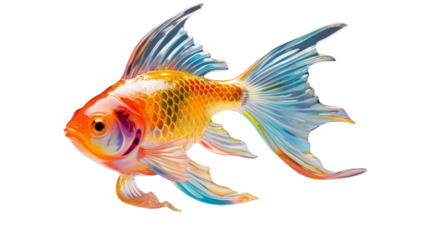 A single goldfish elegantly swims in a tranquil white space on transparent background