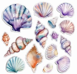 Watercolor shells, stickers, beautiful illustrations. Stickers for projaja, for notepad, diary, notebook. Concept of sea, ocean, nature. Illustration.