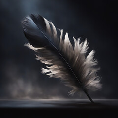 A gleaming feather, cast against a backdrop of darkness, drifts weightlessly through the air