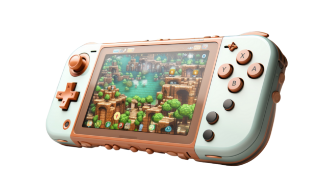 A handheld game system displaying an exciting game on the screen on transparent background