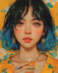 asian korean stylish portrait drawing woman fashion wear stylish coloring fashion accent modern style art painting of asian woman hight contrast color and style