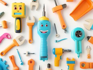 A variety of brightly colored tools are arranged on a white background. The tools have cartoon-like faces and are smiling.