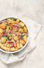 boiled potato salad with red onion, German cuisine, homemade, no people,
