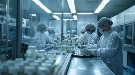 Pharmaceutical factory workers in lab coats inspecting production line equipment for quality control.