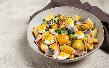 potato salad with herring and eggs, Scandinavian cuisine, homemade, no people,
