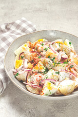 potato and egg salad, red onion, with mayonnaise, homemade, no people,