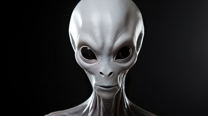 Portrait of Alien face. Close-up of an extraterrestrial being over black background. Ai generated video. Space travel and technology.