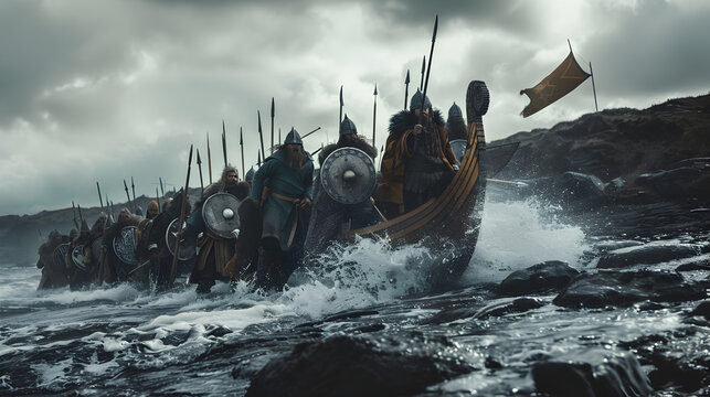 A group of Viking raiders charging ashore from their longship, with waves crashing against the rocky shore. Epic shot.


