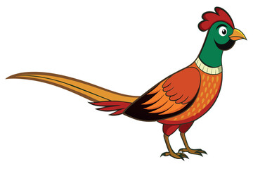 A cartoon bird with a red head and orange body stands on a white background