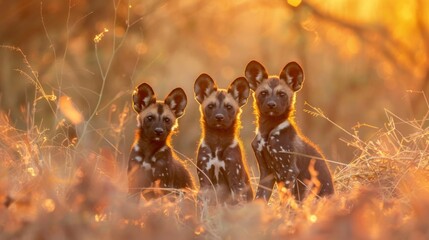 Trio of wild dogs with their ears perked up, contrasting against the warm, soft background of the sunset