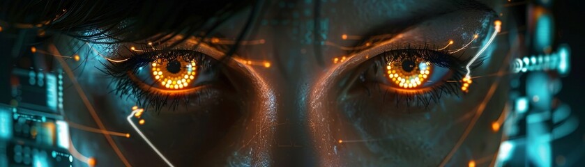 Closeup of a cybernetic face, eyes glowing with data, symbolizing the integration of technology in human perception