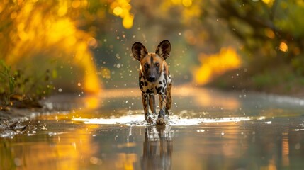 A captivating view of an African wild dog walking calmly in the water with the sunset creating a magical golden background