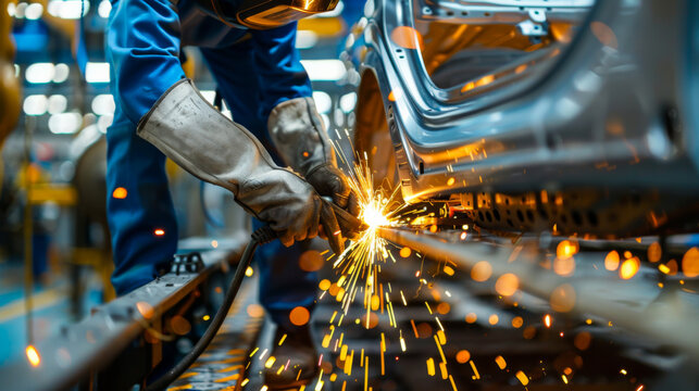 Experienced welder works on a welding machine at a car factory. A man with special clothes cooks a car at an industrial plant. Industry concept.