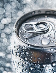 Aluminum can with water drops on white background