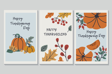 Happy Thanksgiving day set of posters in flat cartoon design. Three charming posters show the combination of pumpkins and autumn leaves, creating an autumn atmosphere. Vector illustration.