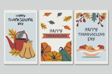 Happy Thanksgiving day set of posters in flat cartoon design. Illustration of three posters, each filled with autumn elements such as pumpkins, apples and yellow leaves. Vector illustration.