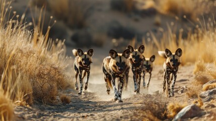 African wild dogs, also known as painted wolves, move in a pack through the golden grasses possibly in pursuit of prey or patrolling their territory