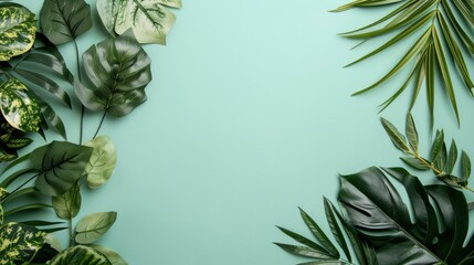 Tropical leaves on pastel green background with copy space