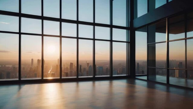 Empty modern interior space or Empty Business Office Interior with skyscraper city view in sunset
