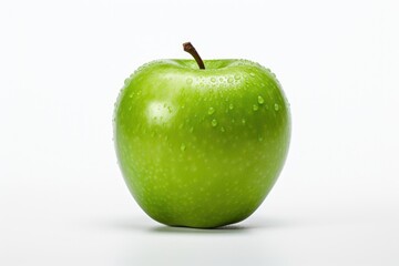 Fresh green apple with water drops isolated on white background. Studio shot.