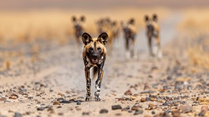 An African wild dog stands out while striding alone among scattered rocks, suggesting it either trails or leads the pack on a mission - obrazy, fototapety, plakaty