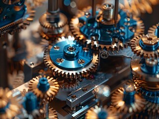 Closeup of a miniature mechanical device with tiny blue cogs working in harmony, demonstrating the beauty of mechanics - obrazy, fototapety, plakaty