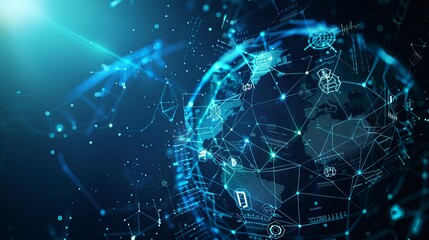 Futuristic HUD Background Featuring Blockchain Technology with World Globe and Polygon Peer-to-Peer Network – Global Cryptocurrency Blockchain Business Banner Concept