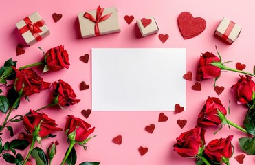 Valentines Day background with red roses, hearts and gift boxes on pink background with blank white card