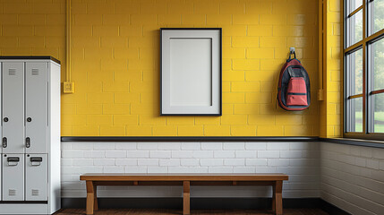 school wall ,locker, white poster frame, black border, 