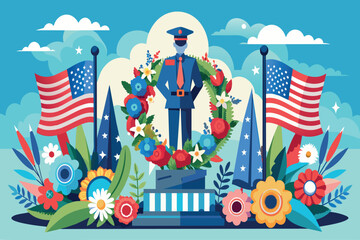 Obraz premium A patriotic scene with a man standing in front of a wreath