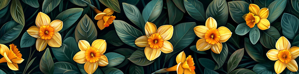 Vintage Daffodil Pattern: Radiant Yellow Flowers on Dark Background
