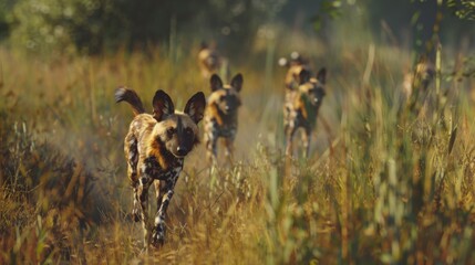 A pack of African wild dogs is captured mid-run, bathed in the golden light of the setting or rising sun