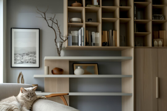 Office interior backdrop for online meetings with sleeping cat. Light home office setting background. Minimalist online workspace aesthetics.  Video conferencing room design.