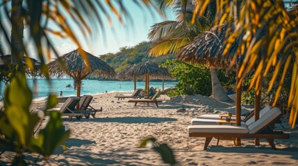 Resort staff preparing beachfront amenities for tourists, setting up loungers and umbrellas for a relaxing day.