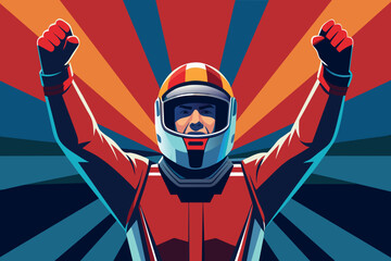 A man in a red racing suit is holding his arms up in the air