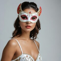 woman in carnival mask on white