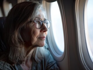 middle age woman looking out of a airplane window, light coming from outside