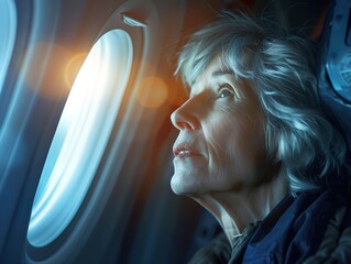 middle age woman looking out of a airplane window, light coming from outside