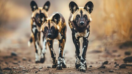 An intimate glimpse of African wild dogs walking towards the camera, showcasing their unique fur patterns and strong gazes - obrazy, fototapety, plakaty